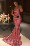 Sparkly Rose Mermaid Off-the-Shoulder Sequins Prom Dresses, Evening Dress, SP699
