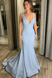 Sparkly Satin Light Blue Mermaid V-neck Long Prom Dresses, Formal Dress, SP801