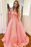 Sparkly Sequins A-Line V-neck Spaghetti Straps Prom Dresses With Pockets, SP870 | pink prom dresses | simple prom dresses | long prom dress | simidress.com