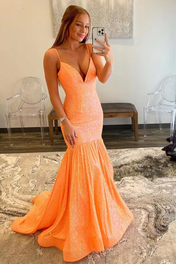 Sparkly Sequins Mermaid V-neck Prom Dresses, Long Formal Dresses, SP882 | shiny prom dresses | simple prom dresses | orange prom dresses | simidress.com