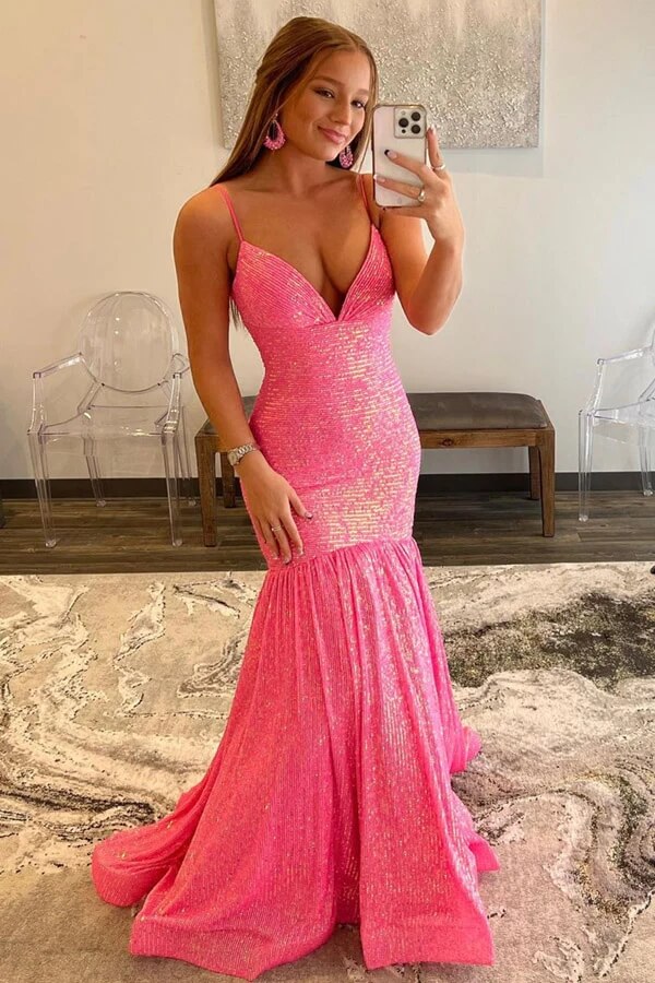 Sparkly Sequins Mermaid V-neck Prom Dresses, Long Formal Dresses, SP882 | mermaid prom dresses | sequins prom dress | pink prom dresses | simidress.com