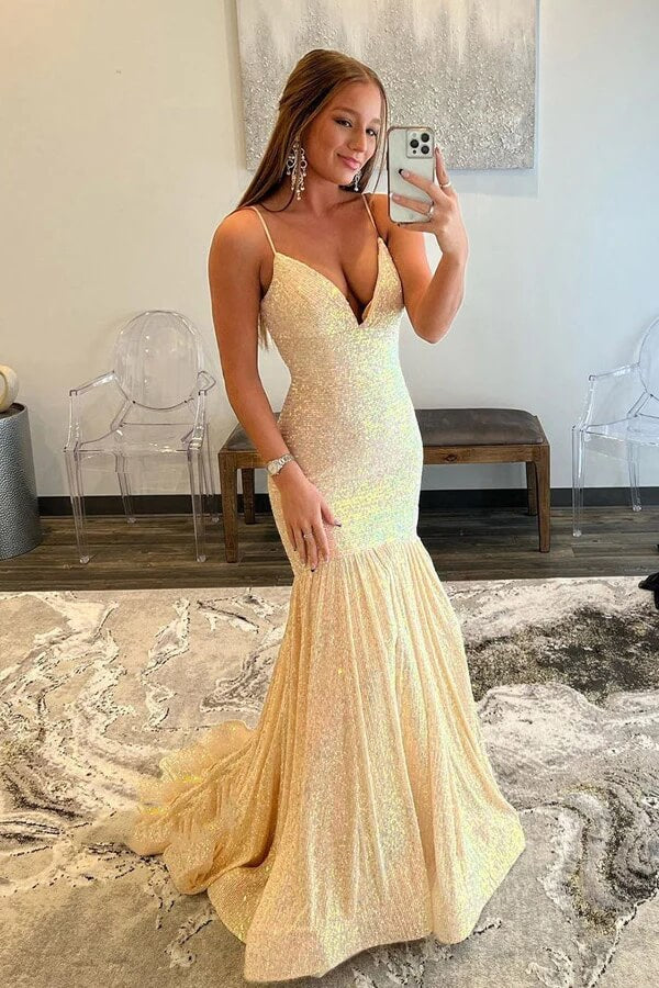Sparkly Sequins Mermaid V-neck Prom Dresses, Long Formal Dresses, SP882 | gold prom dresses | long prom dresses | new arrival prom dresses | simidress.com