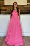 Sparkly Sequins Pink A-line One Shoulder Long Prom Dresses With Pockets, SP861