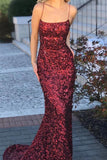 Sparkly Sequins Sheath Scoop Spaghetti Straps Sweep Train Prom Dresses, SP828