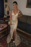 Sparkly Sheath Sequins V-neck Prom Dresses With Slit, Party Dresses, SP906 | champagne prom dresses | simple prom dresses | evening dresses | simidress.com