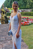 Sparkly Sheath Spaghetti Straps V Neck Prom Dresses With Sweep Train, SP968 | blue prom dress | shiny prom dress | new arrival prom dress | cheap long prom dress | simidress.com