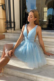 Sparkly Sky Blue Tulle A-line V-neck Homecoming Dresses, Short Prom Dress, SH600