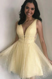Sparkly Yellow Tulle A-line V-neck Homecoming Dresses, Short Prom Dress, SH600 | short party dresses | short homecoming dress | sweet 16 dress | simidress.com