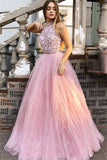 Sparkly Tulle A-line Halter Appliqued Long Prom Dresses, Evening Gowns, SP721