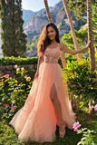 Sparkly Tulle A-line Sweetheart 3D Flowers Prom Dresses With Side Slit, SP723