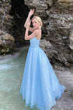 Sparkly Tulle Sky Blue A-line Scoop Prom Dresses, Long Formal Dresses, SP805