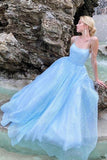 Sparkly Tulle Sky Blue A-line Scoop Prom Dresses, Long Formal Dresses, SP805 | cheap long prom dresses | evening gowns | party dresses | www.simidress.com