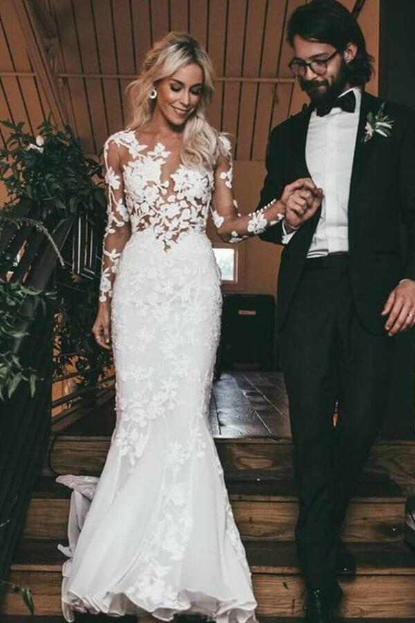 long sleeve illusion neckline dress Romantic Lace A-line Wedding Dress with Slit and Sleeves Viniodress