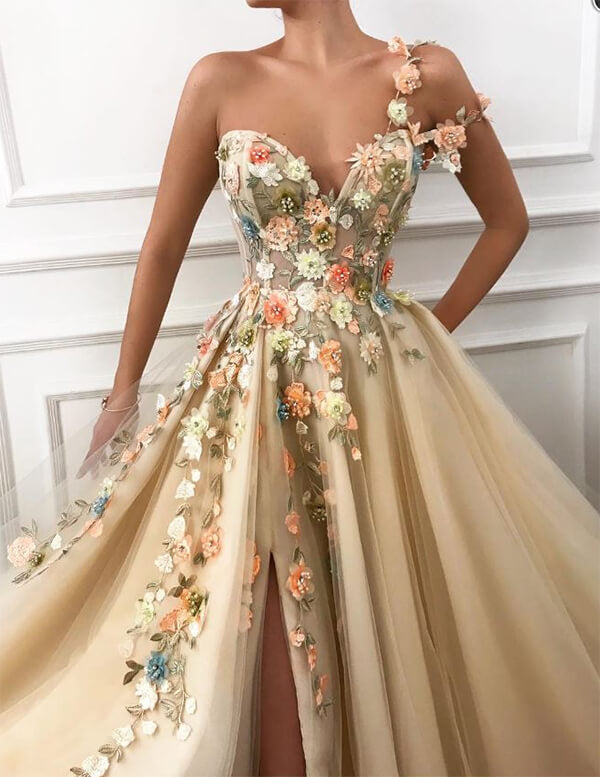 Stylish One Shoulder Tulle 3D Flowers Prom Dresses, Evening Dresses, SP689 | prom dresses | a line prom dresses | cheap prom dresses | evening gowns | party dresses | www.simidress.com