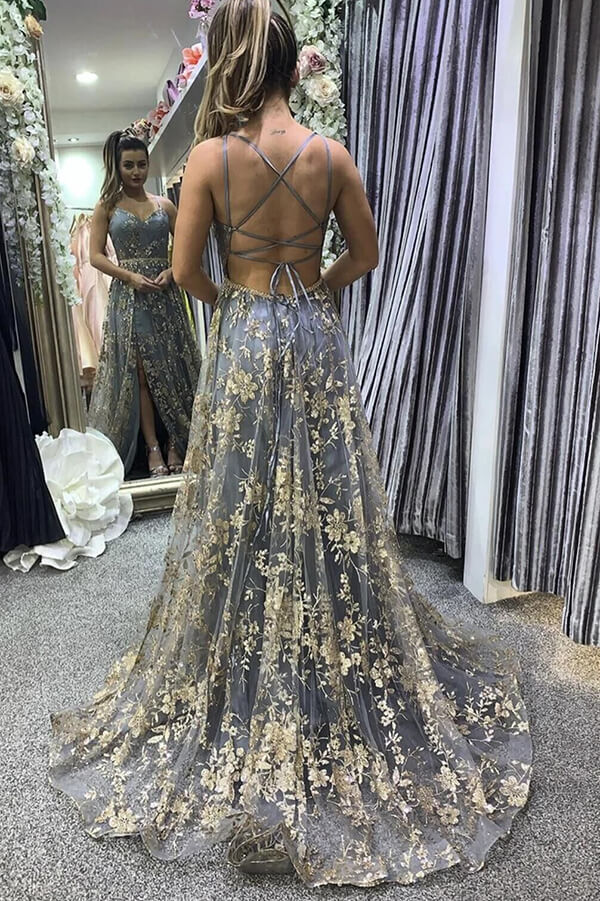 Stylish Tulle Grey Lace A-line V-neck Long Prom Dresses, Evening Gowns, SP776 | sequins prom dresses | a line prom dresses | v neck prom dresses | www.simidress.com