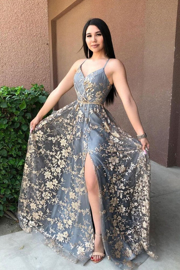 Stylish Tulle Grey Lace A-line V-neck Long Prom Dresses, Evening Gowns, SP776 | cheap lace prom dresses | evening gown | evening dresses | www.simidress.com