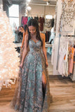 Stylish Tulle Grey Lace A-line V-neck Long Prom Dresses, Evening Gowns, SP776 | long prom dresses | lace prom dress | cheap prom dresses | www.simidress.com