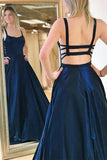 Taffeta A-line Spaghetti Straps Prom Dresses With Pockets, Evening Dress, SP701 | navy prom dresses online | cheap prom dresses | evening gowns | www.simidress.com