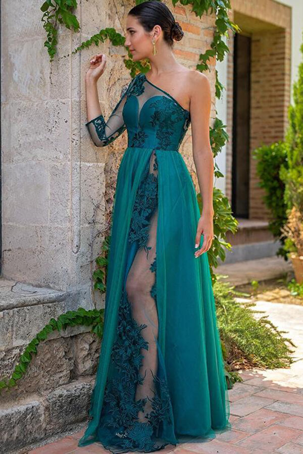 Teal Green Tulle One Shoulder Floor Length Prom Dresses, Evening Gown, SP863 | long formal dresses | a line prom dress | cheap long prom dress | simidress.com