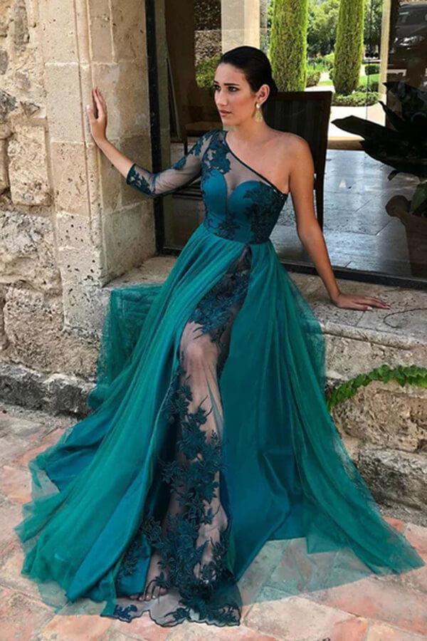 Teal Green Tulle One Shoulder Floor Length Prom Dresses, Evening Gown, SP863 | green prom dresses | lace prom dresses | evening dress | simidress.com
