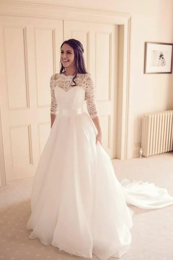 Tulle A-line 3/4 Sleeves Lace Wedding Dresses With Train, Bridal Gown, SW607 | long sleeves wedding dress | cheap lace wedding dresses | a line wedding dresses | simidress.com