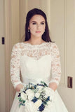 Tulle A-line 3/4 Sleeves Lace Wedding Dresses With Train, Bridal Gown, SW607 | lace wedding dresses | wedding dresses online | wedding gown | simidress.com