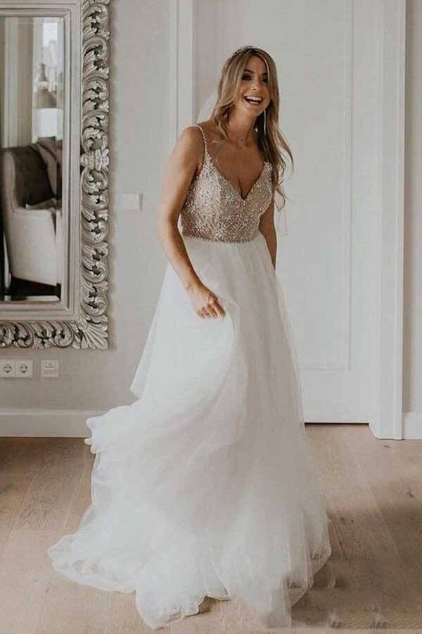 Tulle A-line Beaded Spaghetti Straps Wedding Dresses SW528 Simidress