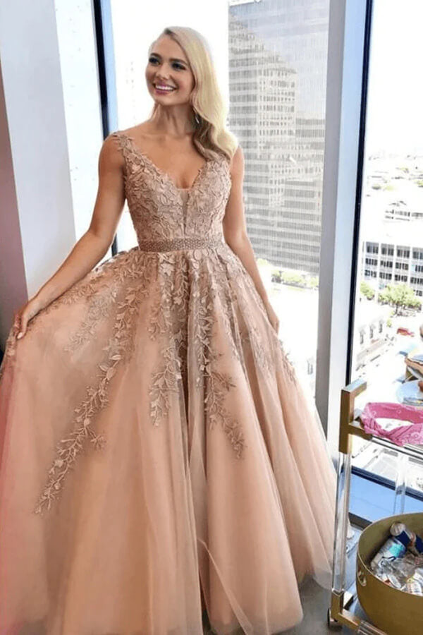Tulle A-line Beaded Prom Dresses With Lace Appliques, Formal Dresses, SP881 | champagne prom dresses | lace prom dress | evening gown | simidress.com