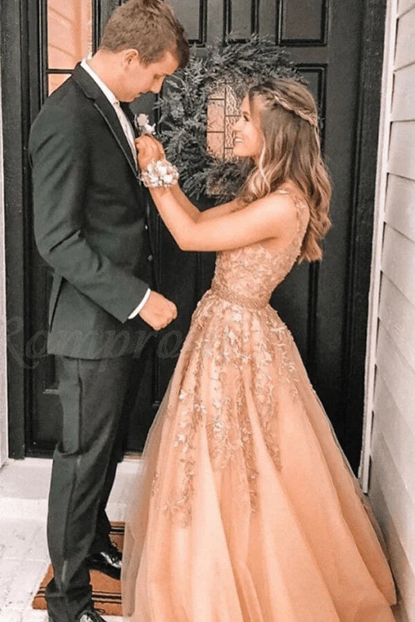 Tulle A-line Beaded Prom Dresses With Lace Appliques, Formal Dresses, SP881 | a line prom dresses | beaded prom dresses | dress for prom | simidress.com