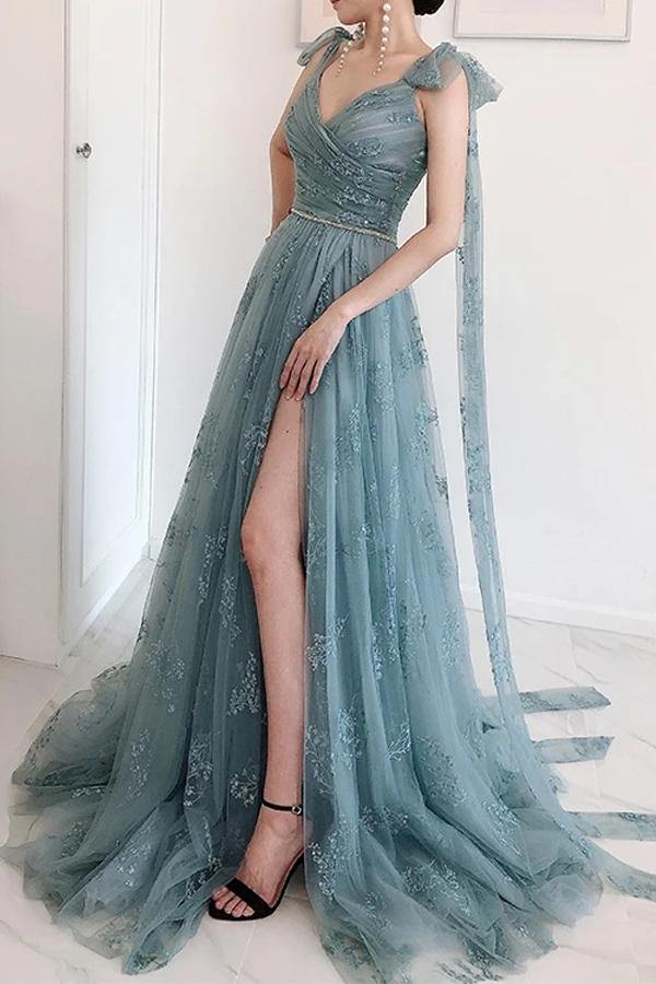 Tulle A line Bow Tie Straps High Split Prom Dresses SP928 Simidress