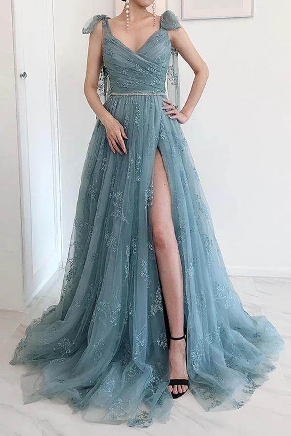 Tulle A-line Bow Tie Straps High Split Prom Dresses, Long Formal Dresses, SP928 | long prom dresses | lace prom dress | cheap prom dress | simidress.com