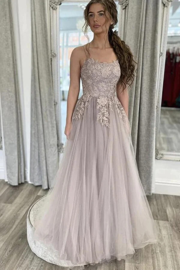 Tulle A-line Long Prom Dresses With Lace Appliques SP859