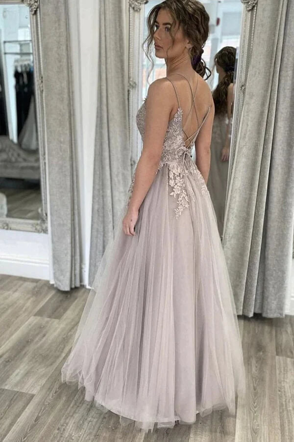 Tulle A-line Floor Length Prom Dresses With Lace Appliques, Evening Gown, SP859 | lace prom dresses | evening dresses | evening gown | simidress.com
