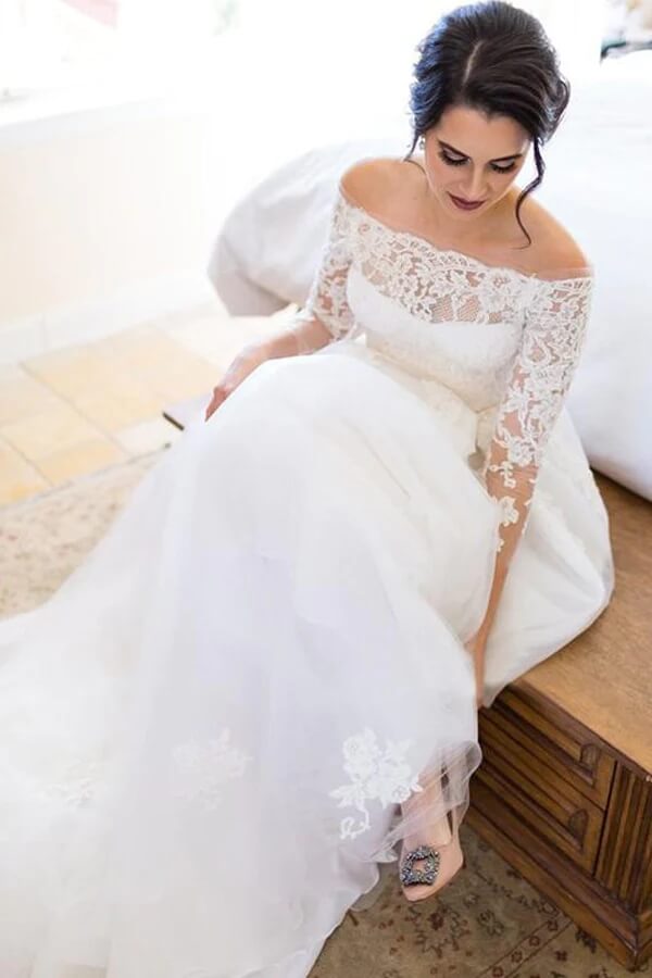 women's a line sweater dress Satin A-line 3/4 Sleeve Off Shoulder Wedding Dress MW663
