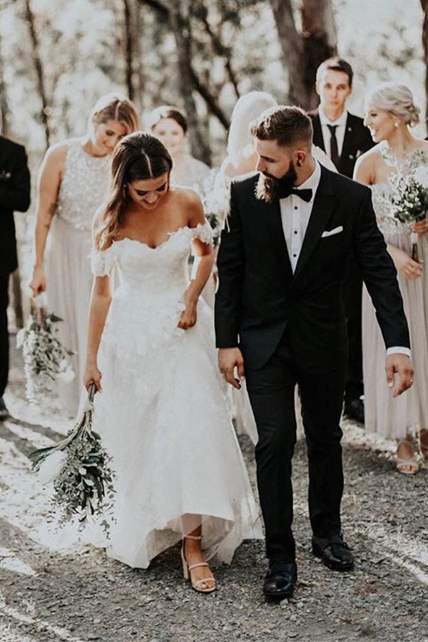 Tulle A-line Off-the-Shoulder Sweep Train Wedding Dresses With Appliques, SW484 | tulle wedding gown | cheap lace wedding dresses | bridal outfit | a line wedding dress | www.simidress.com