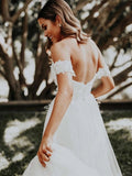 Tulle A-line Off-the-Shoulder Sweep Train Wedding Dresses With Appliques, SW484 | ivory wedding dresses | beach wedding dress | lace wedding dress online | www.simidress.com