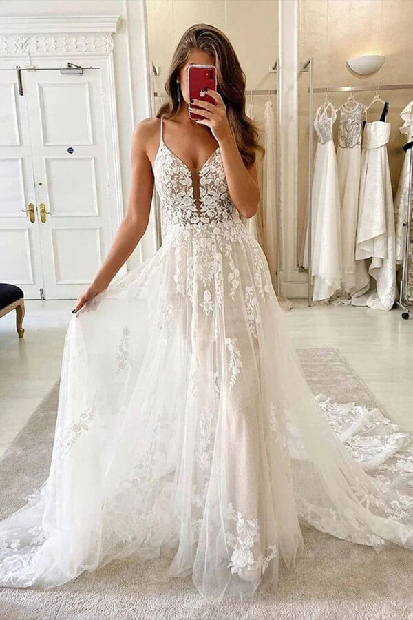 Tulle A-line Spaghetti Straps Backless Wedding Dress, Beach Bridal Gown, SW591 | cheap lace wedding dresses | a line wedding dress | bridal gown | simidress.com