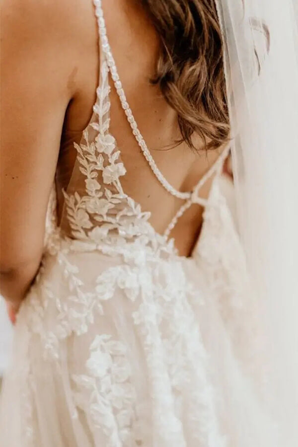 Tulle A-line Spaghetti Straps Backless Wedding Dress, Beach Bridal Gown, SW591 | ivory wedding dresses | outdoor wedding dresses | wedding dresses online | simidress.com