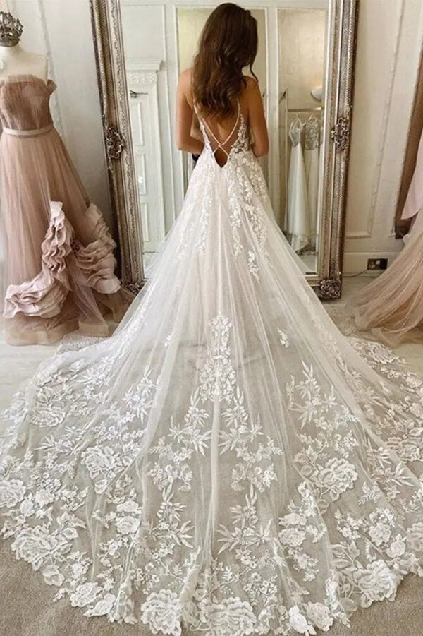 Tulle A-line Spaghetti Straps Backless Wedding Dress, Beach Bridal Gown, SW591 | tulle wedding dresses | lace wedding gown | vintage wedding dresses | simidress.com