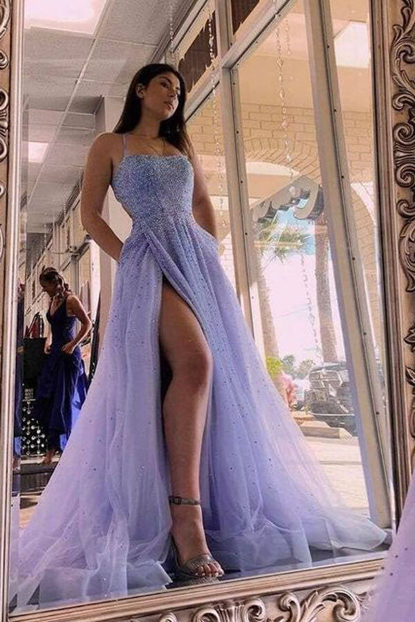 Tulle A-line Spaghetti Straps Beaded Prom Dresses With Slit, Evening Gown, SP850 | tulle prom dress | sparkly prom dresses | long formal dress | simidress.com