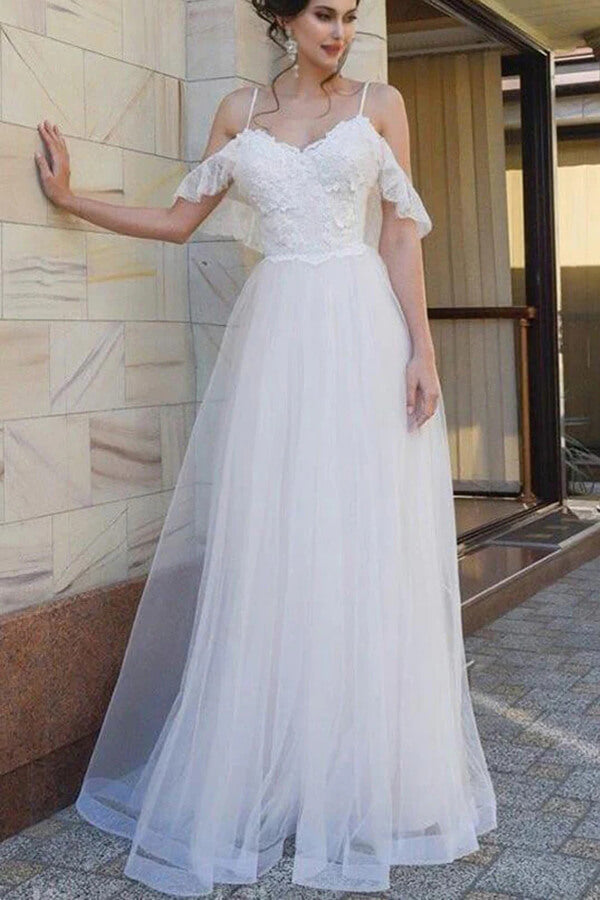 Tulle A-line Spaghetti Straps Lace Top Wedding Dress SW555 | Simidress Tulle A-line Spaghetti Straps Lace Top Wedding Dress SW555 | Simidress