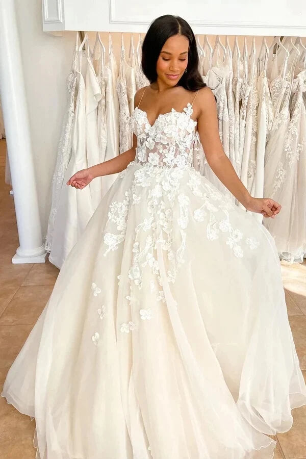 Tulle A-line Spaghetti Straps Sweetheart Lace Appliques Wedding Dresses, SW556 | lace wedding gown | wedding dresses cheap | vintage wedding dresses | simidress.com