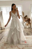 Tulle A-line V-neck Floral Lace Princess Wedding Dresses With Sweep Train, SW510