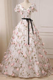Tulle A-line V-neck Floral Short Sleeves Prom Dresses With Appliques, SP711 | floral prom dresses | evening dresses | a line prom dresses | www.simidress.com