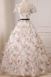 Tulle A-line V-neck Floral Short Sleeves Prom Dresses With Appliques, SP711 | a line v neck prom dresses | short sleeves prom dresses | evening gown | www.simidress.com