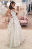 Tulle A-line V-neck Lace Appliques Wedding Dresses, Wedding Gown, SW588