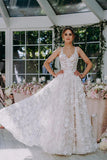 Tulle A-line V-neck Lace Wedding Dresses With 3D Flowers, Bridal Gown, SW595