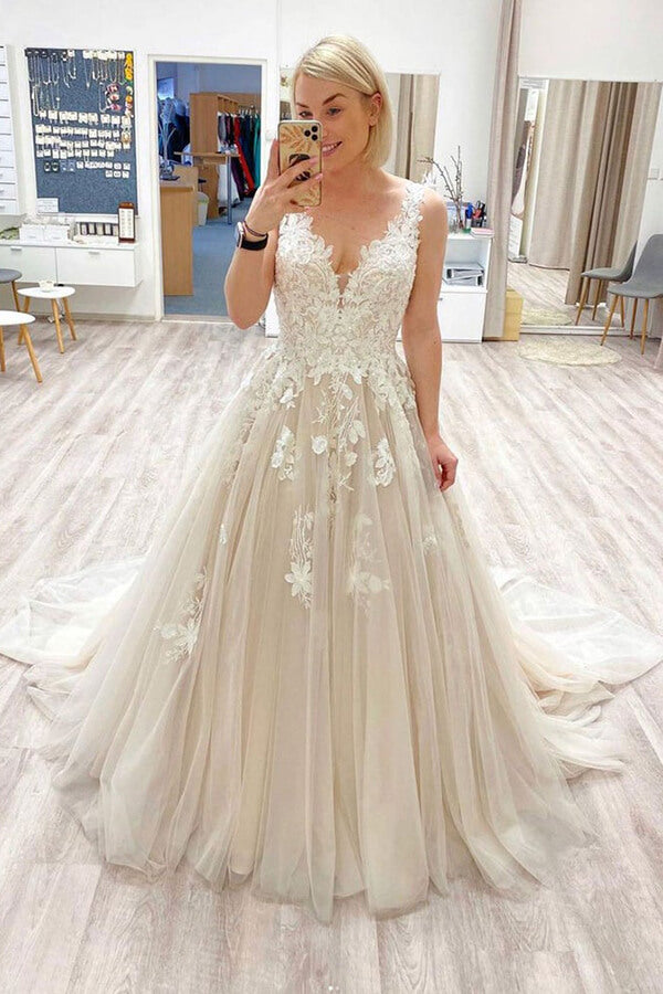 Tulle A-line V-neck Long Prom Dresses With Lace Appliques, Formal Dress, SP749 | long prom dresses | lace prom dress | evening dresses | www.simidress.com
