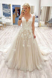 Tulle A-line V-neck Long Prom Dresses With Lace Appliques, Formal Dress, SP749