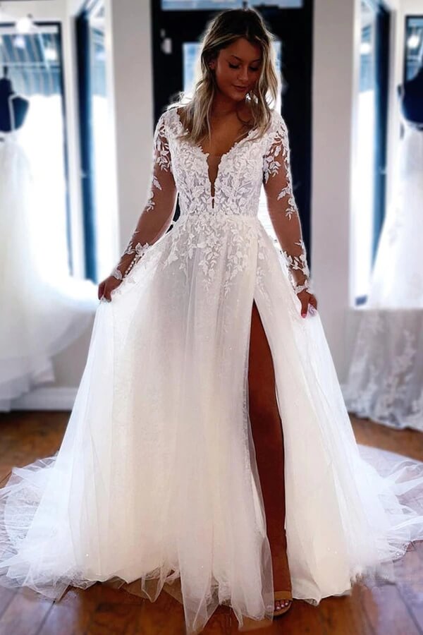 Tulle A-line V-neck Long Sleeves Lace Wedding Dress SW610